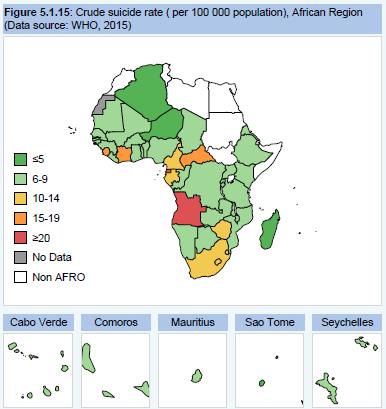 Mental health Figure 148: Crude suicide rate (per 100 000 population), African Region (Data source: WHO,
