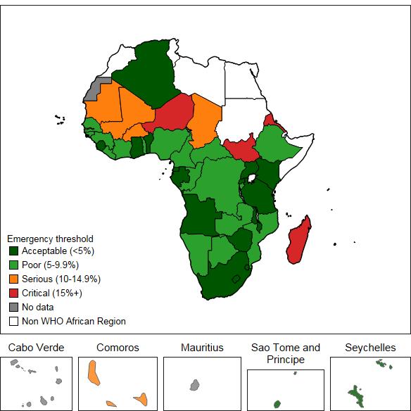 Figure 43: Percent of children <5years who are stunted, African Region (Data source: WHO, ANR 2017) Figure 44: Percent of children <5 years who are wasted, African Region (Data source: WHO, ANR 2017)