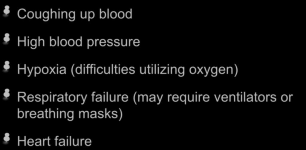 Severe Signs & Symptoms Coughing up blood High blood pressure Hypoxia (difficulties