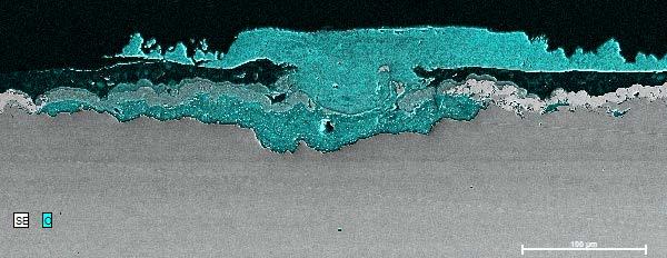 Fe residues - In the scribe, steel residues are observed above the Zn-Ni coating - Zn