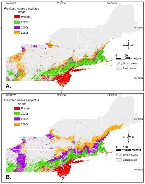 Predicted Aedes albopictus range expansion in the northeastern US under two climate change scenarios Moderate increase in CO 2 High increase in CO 2 Expansion and abundance associated with higher