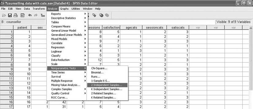 98 Quantitative Data Analysis Using SPSS Running the Mann-Whitney U test 1 From the menu at the top of the screen click Analyze then Nonparametric Tests then 2 Independent