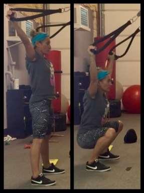 ST OVERHEAD SQUAT Performing a bodyweight squat with arms overhead makes the entire body work harder.