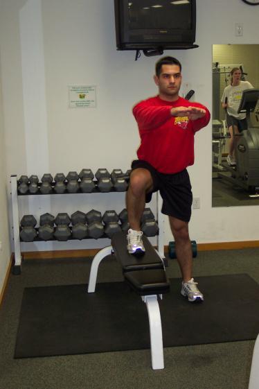 VII. Progression 1, Lateral Step-ups: To make the step-up exercise more challenging we change the plane of movement but still maintain the same squatting principles. In Fig 7.