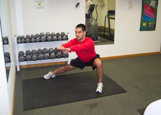 The width between your feet is four to five feet (Boyle 2004). This exercise focuses on strengthening and stretching the groin musculature.