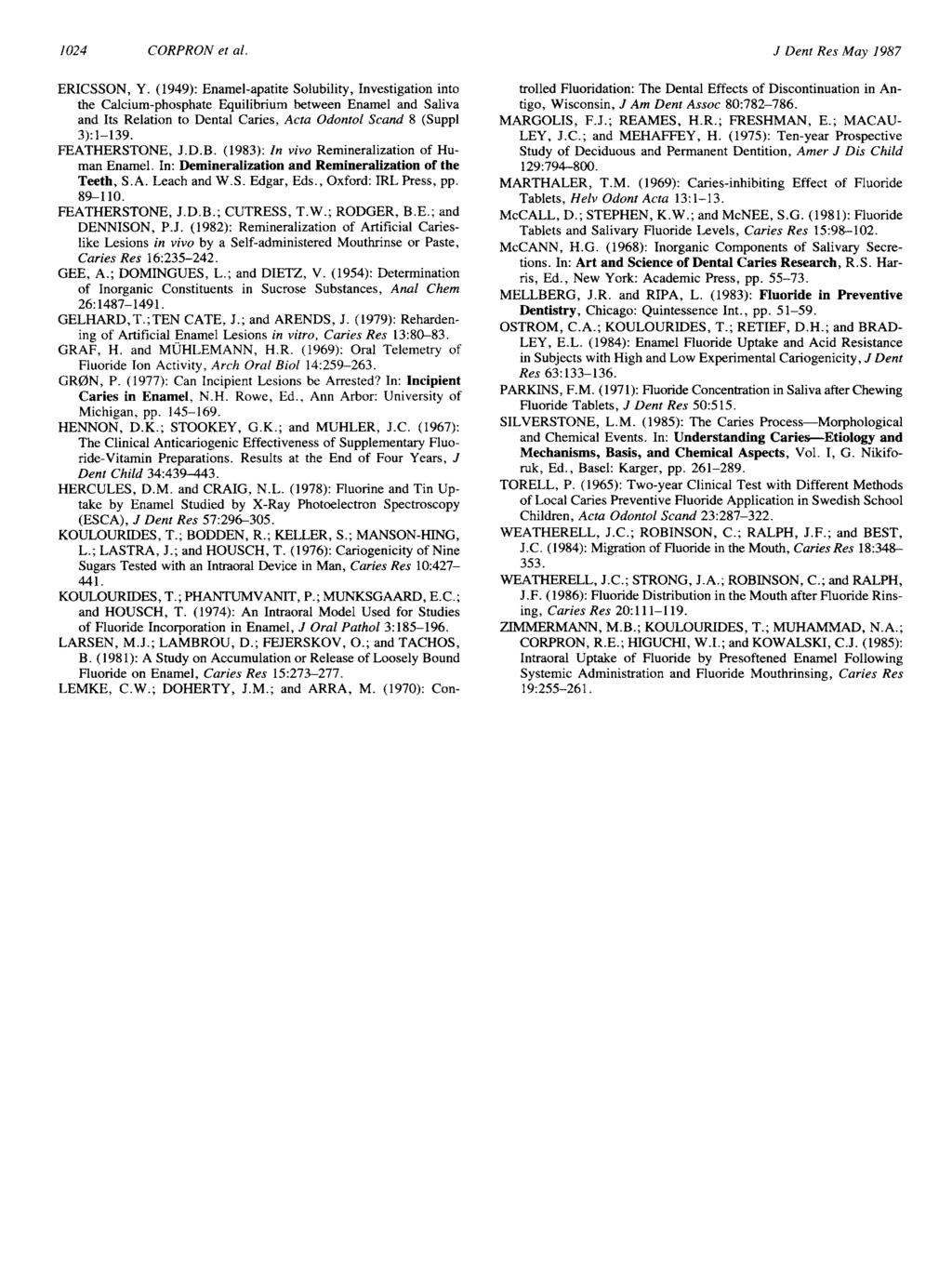 1024 CORPRON et al. J Dent Res May 1987 ERICSSON, Y.