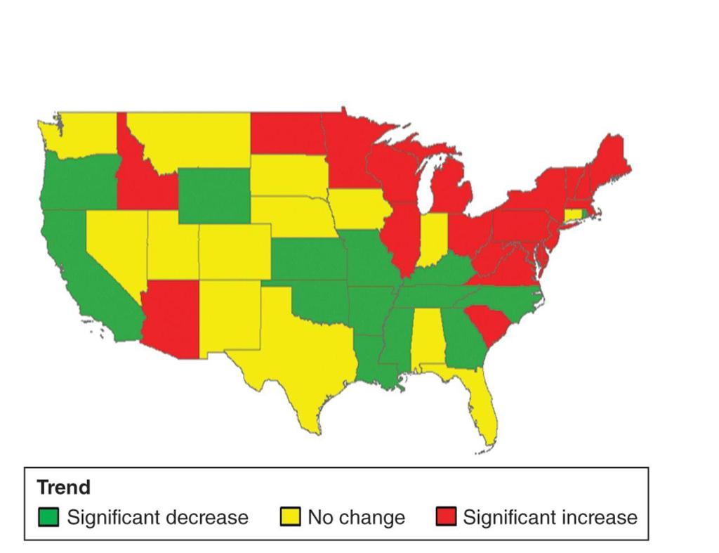 Source: Ashleigh et al. CMAJ Open; Jan16, 2013, Vol 1 Temporal trends in Lyme disease incidence by state from 1993 to 2007.