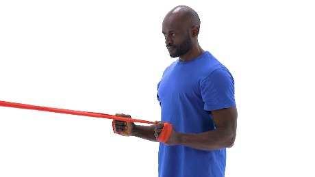 Standing Shoulder Row with Anchored Resistance Begin standing upright, holding both ends of a resistance band that is anchored in front of you at chest height, with your palms facing inward.
