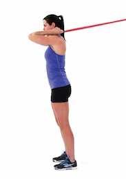Rotate your trunk in the opposite direction, pulling against the resistance band, then slowly return to the starting position and repeat. Make sure to keep your back straight as you rotate.