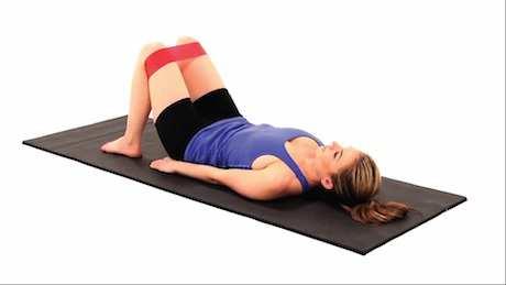 Clamshell with Resistance Begin by lying on your side with your knees bent 90 degrees, hips and shoulders stacked, and a resistance loop secured around your legs.