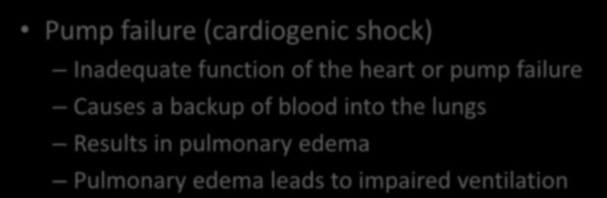 Pump failure Pump failure (cardiogenic shock) Inadequate function of the heart or pump failure Causes a