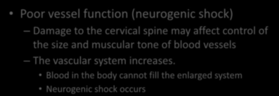 Neurogenic Shock Poor vessel function (neurogenic shock) Damage to the cervical spine may affect control of the size and