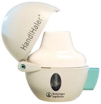 Handihaler 1. Press and release piercing button to release dust cap. 2. Open the dust cap by lifting upwards. 3. Open the mouthpiece by lifting upwards. 4.