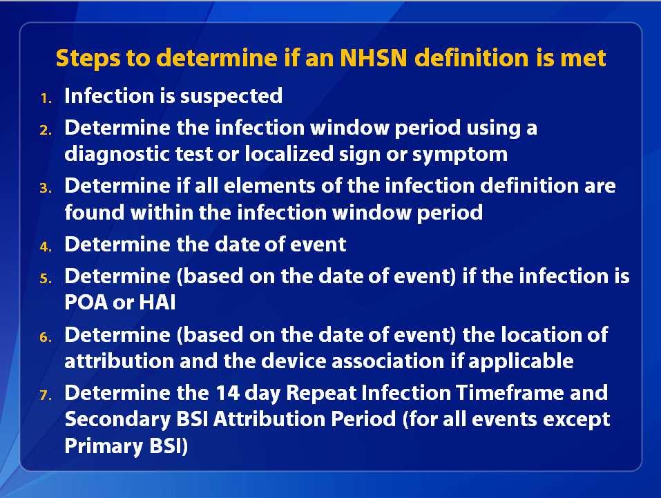 Steps to determine if an NHSN definition is met 1. Infection is suspected 2. Determine the infection window period using a diagnostic test or localized sign or symptom 3.