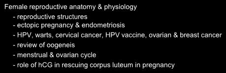 Review Female reproductive anatomy & physiology - reproductive structures - ectopic pregnancy & endometriosis - HPV, warts, cervical cancer,