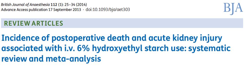Systematic review and meta-analysis of trials in which patients were randomly allocated to 6% HES solutions or alternative fluids in surgical patients (19 studies, N=1,567) Hospital mortality: risk