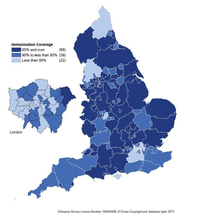 5-in-1 vaccine coverage at 12 months by LA, 2016-17 22 LAs had coverage <90%, most of them in London Most children