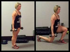 DUMBBELL LUNGE The DB lunge can be loaded in a hang carry position (left pictures) or a shoulder carry position (right).