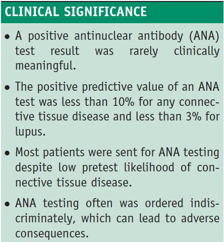 Utility of ANA testing outside of the rheumatology setting Analysis of 232 patients referred for a positive ANA between 2007-2009 No ANA associated rheumatic disease was found for ANA titers <1:160