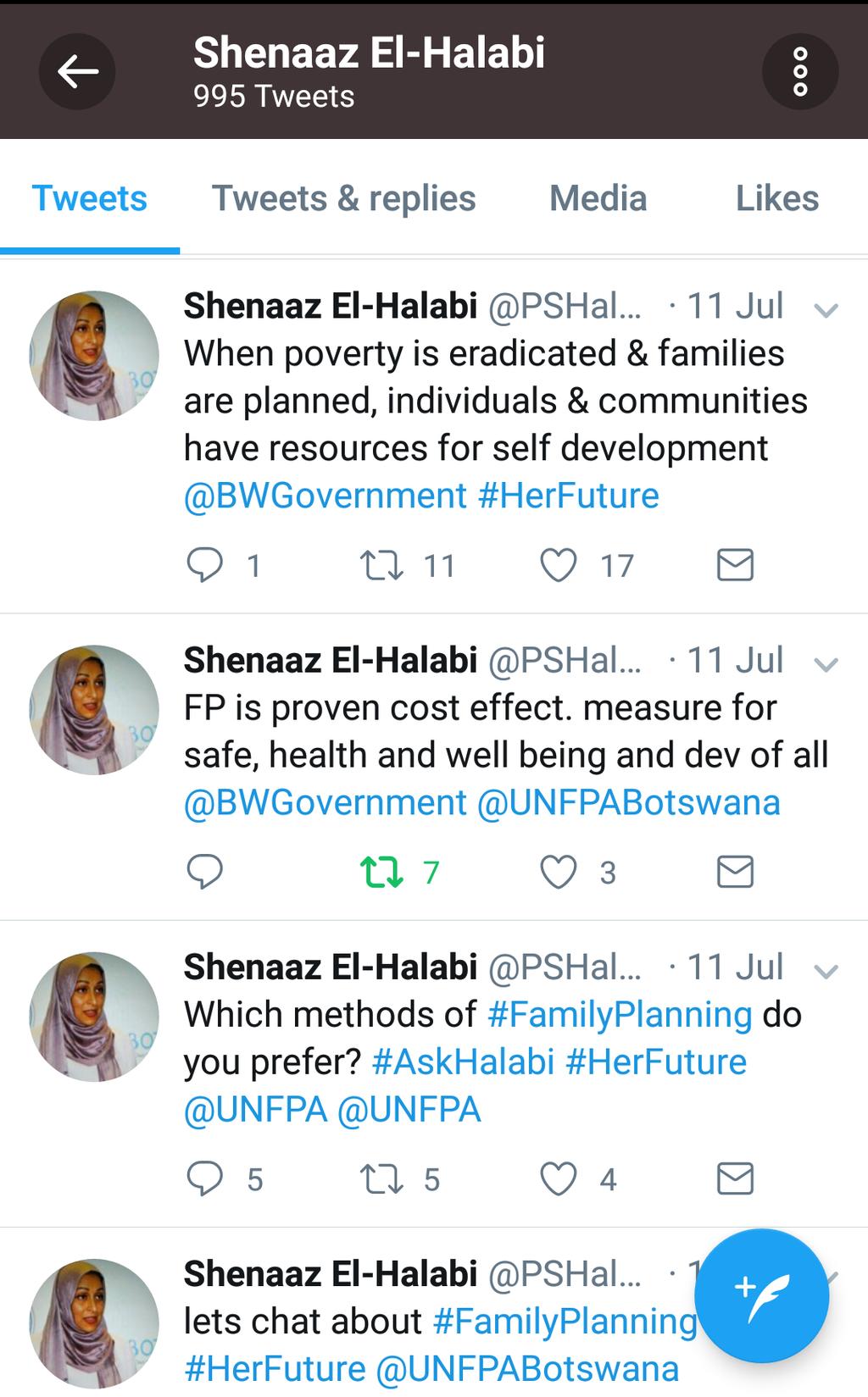 Ms El-Halabi appreciated the Twitter family planning in Botswana. chat as an important platform for her and other Senior government officials to be in touch with young people s views.