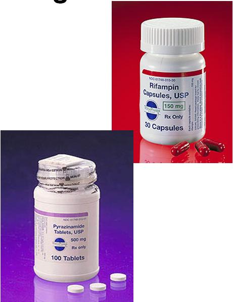 Isoniazid (INH) First-line Drugs Rifampin (RIF) Rifabutin Ethambutol (EMB) Pyrazinamide (PZA) First Line Drugs INH Peripheral neuropathy Mild CNS Toxicity PZA Arthralgias Gout (rare Rifampin