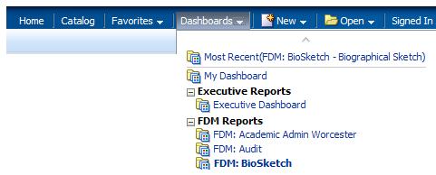 Access the dashboard directly using the Dashboard menu option at the top of the page and choosing FDM: BioSketch.