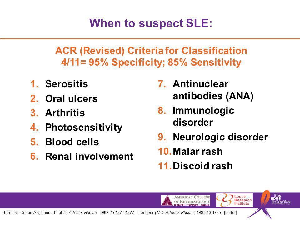 The American college of rheumatology made this criteria to diagnose a patient with SLE. The patient must meet 4 out of the 11 1. Inflammation in the pleurae, pericardium or peritoneum.