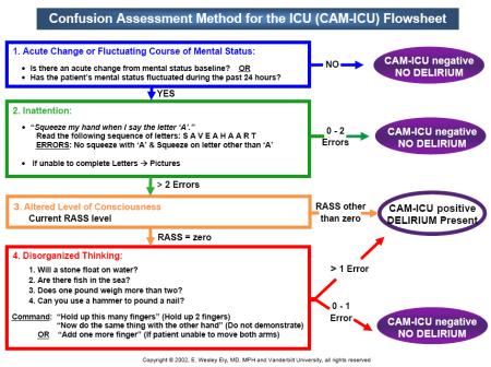 Delirium Assessment CAM-ICU ICU Delirium Screening Checklist 8 items based on DSM criteria Altered LOC 1 Inattention 1 Disorientation 11 Hallucination,