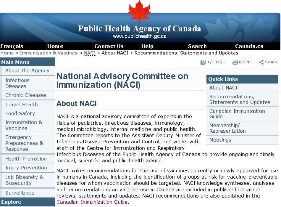 Public Health Agency of Canada: Recommendations for use of the vaccines- NACI