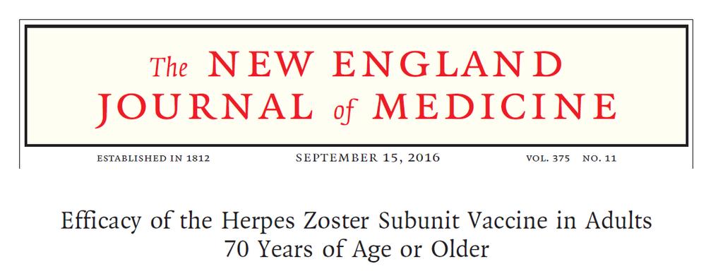 13,900 participants age 70 and older 2 doses adjuvanted subunit vaccine or placebo Follow up 3.7 years Vaccine efficacy against zoster 89.8% 23 cases vaccinated vs.