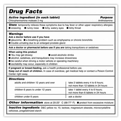 OTC Labeling OTC Labeling Active Ingredients: therapeutic substances (the drug) Purpose: class or category of medication (such as antihistamine, antacid, or cough suppressant) Uses: symptoms or