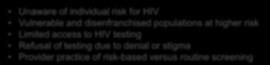 Refusal of testing due to denial or stigma Provider practice of risk-based versus routine