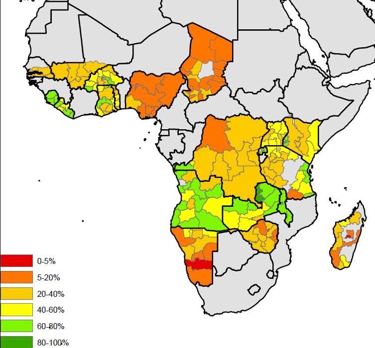 Coverage of malaria diagnosis and treatment Proportion of children under five with fever for whom care was sought in sub-saharan Africa, 2014-2016