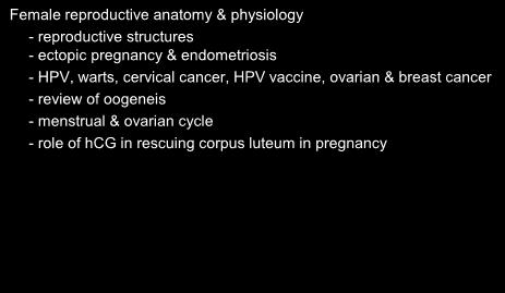 Review Female reproductive anatomy & physiology - reproductive structures - ectopic pregnancy & endometriosis - HPV, warts, cervical cancer,