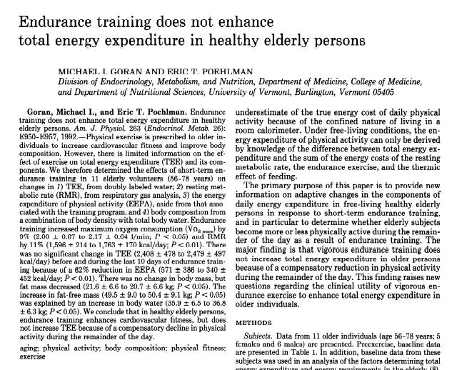 Effect of Endurance Training on Total Energy Expenditure in the Elderly Pre training TEE = 2405 kcal/day During Training TEE = 2474 kcal/day We conclude that in healthy elderly persons, endurance