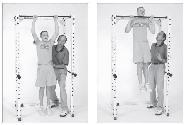 The student then uses the arms to lift the body until the chin is above the bar, then lowers themselves to the hanging position.