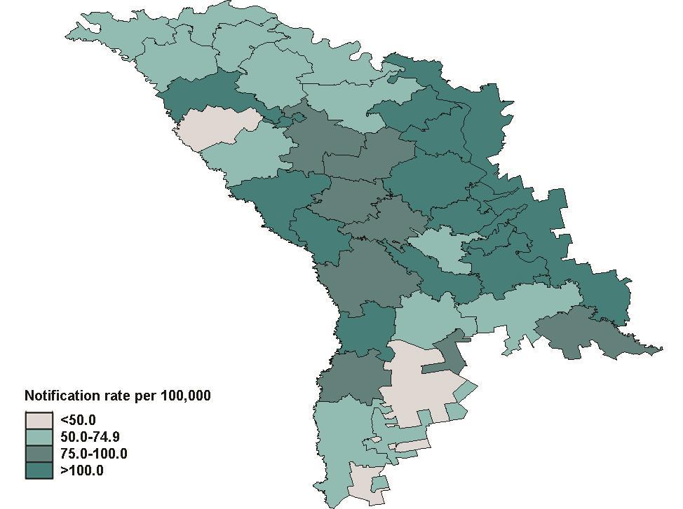 Fig. 2.7. Notification rate for new and relapse TB cases by districts and municipalities, the Republic of Moldova, 215 Source: SIME TB (4).