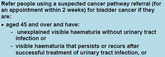 The new: bladder (based on 7 studies) Some differences: An age limit for haematuria, or