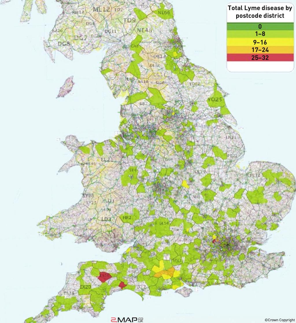 Figure 3. The postcode distribution of diagnoses of Lyme disease. The map was generated using Hospital Episode Statistics data from the Health and Social Care Information Centre.
