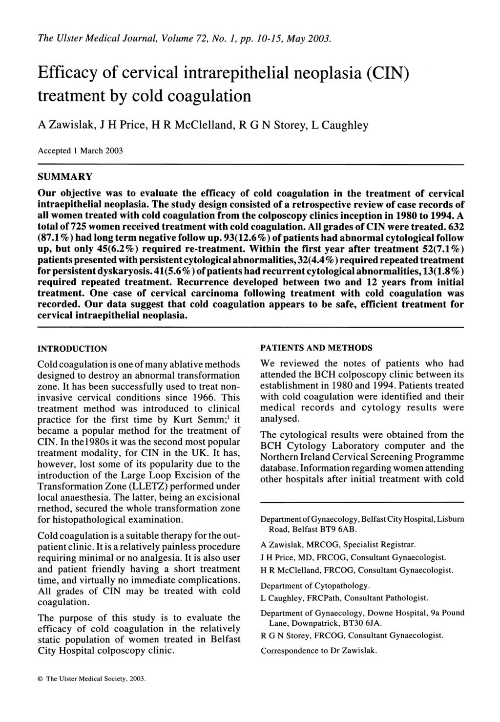 The Ulster Medical Journal, Volume 72, No. 1, pp. 10-15, May 2003.