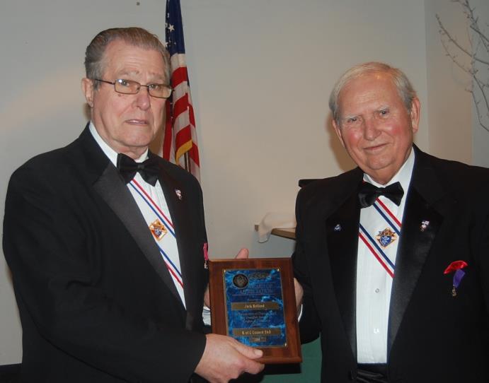 Knight Jack Holland (L) accepts his Council Appreciation Award Plaque from Knight Tom McComish.