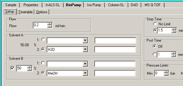 Step 2. Set up a Flow Injection Analysis (FIA) method for Arginine 5 In the BinPump > Setup tab: a Set Flow to 0.2 ml/min. b Set Solvent B to 50%.