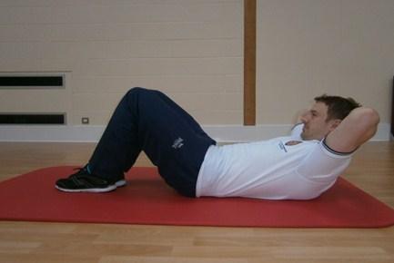 Abdominal Preparation Starting Position: Rest position. Place your hands behind your head taking the weight of your head. Action: Breathe out allowing your ribs to soften down towards your headlights.