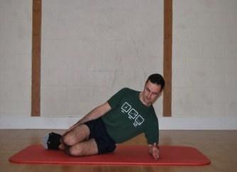 Side Bend Starting position: Resting on your elbow with your hips slightly bent and knees bent roughly 90. Feet in line with hips and shoulders.. Hips and shoulders stacked and facing forwards.