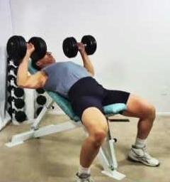 INCLINE DUMBBELL PRESS 1. Sit upright on the seat of an incline bench with a pair of dumbbells resting on your thighs. 2.