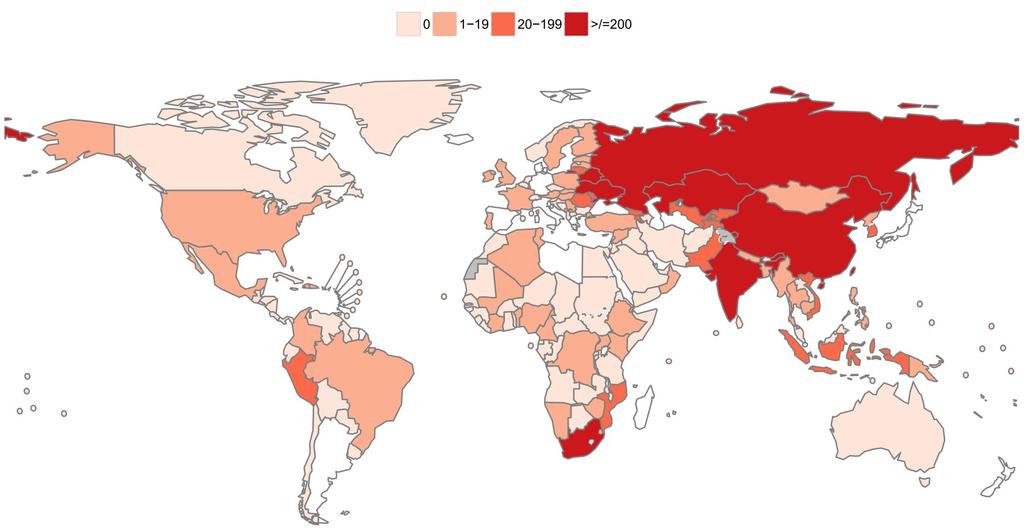 Number of patients with laboratory-confirmed XDR-TB started on treatment in 2016 The boundaries and names shown and the designations used on this map do not imply the expression of any opinion