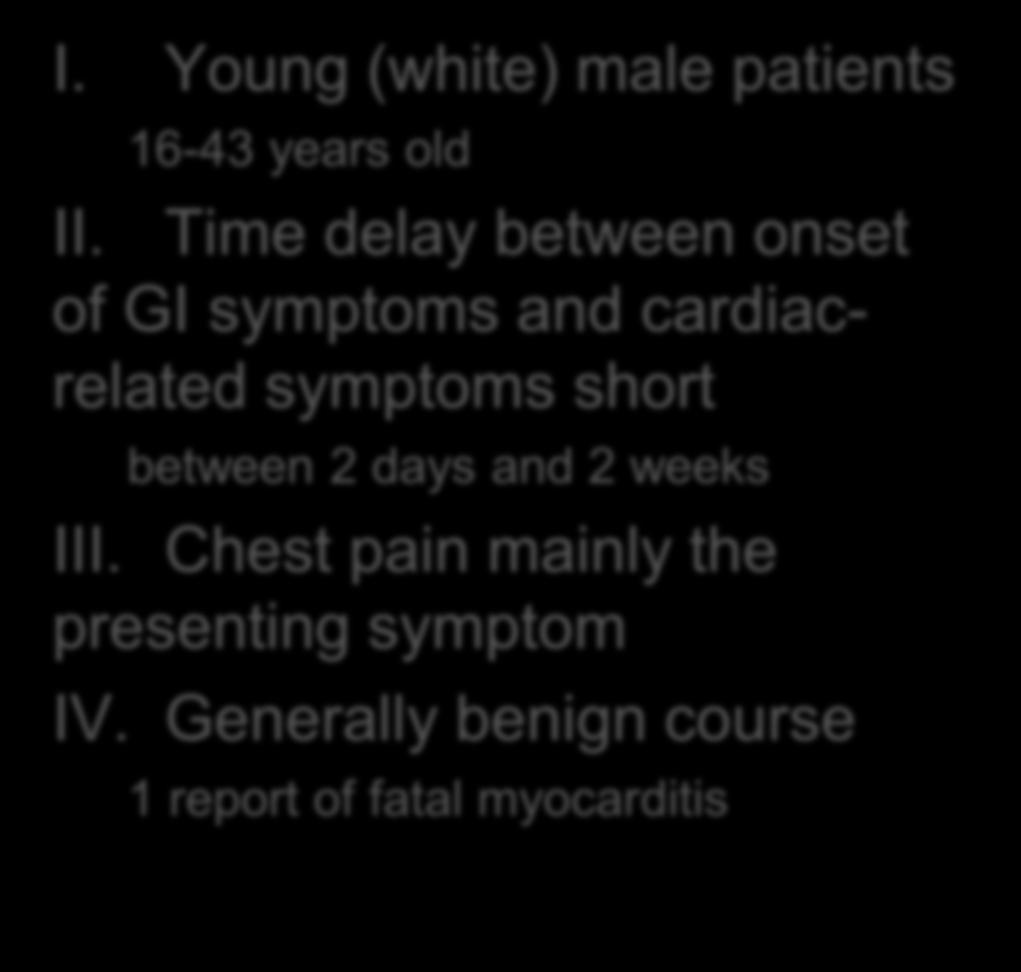 Cardiac-related symptoms Campylobacterspecific results (2) 1984 3 days Chest pain Positive stool culture, serological antibody test (3) 2001 2 weeks Breathlessness, chest pain Positive stool culture,