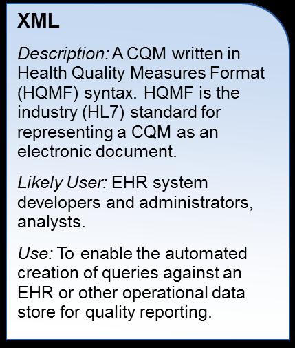 ecqm Components: XML The Basics: The XML component contains important details about the measure, how the data elements are defined, and the underlying logic of the measure calculation.