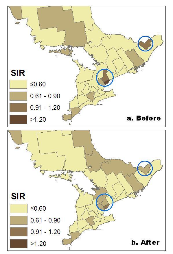 Chen, Yi and Mao (2008) 8 Standardized incidence ratios for the 35 public health units Ontario a.
