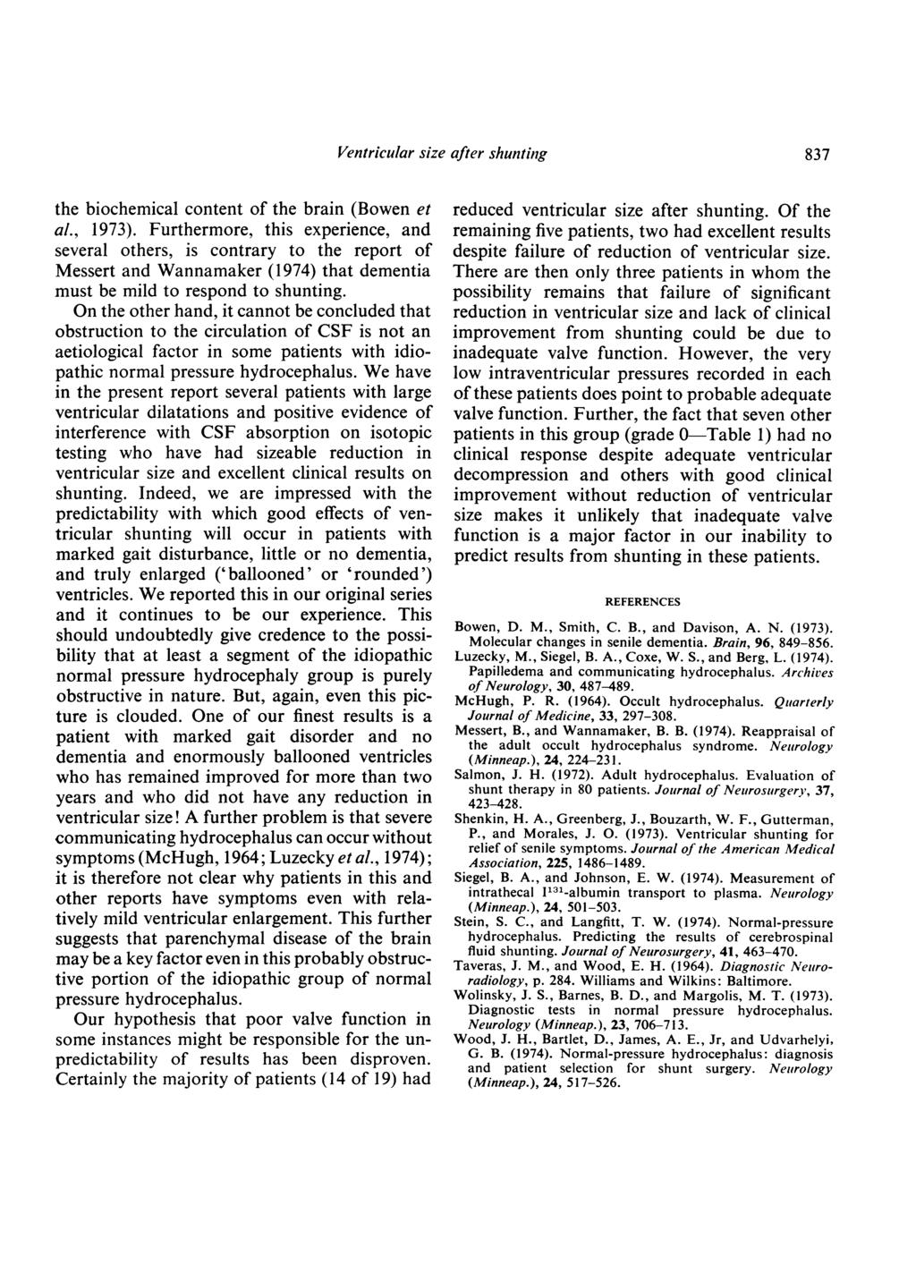 Ventricular size after shunting the biochemical content of the brain (Bowen et al., 1973).